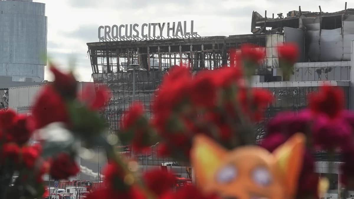 A view of the burned out Crocus City Hall concert venue following the terror attack in the Moscow suburb of Krasnogorsk on Friday. Photo: EPA-EFE / MAXIM SHIPENKOV